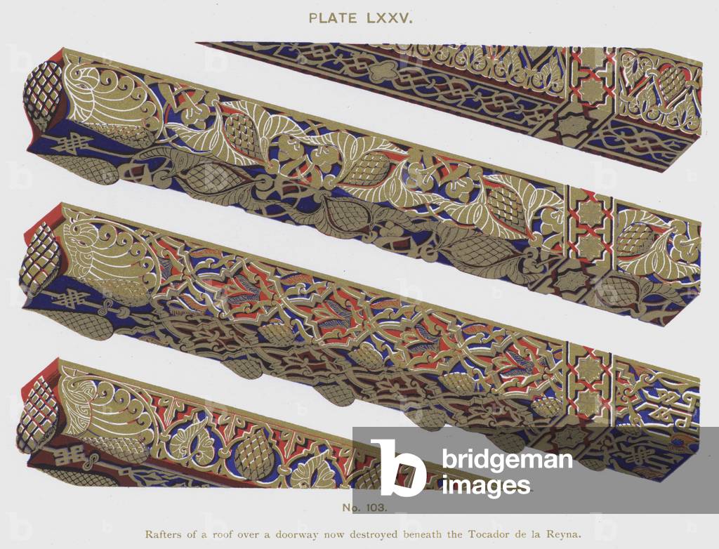 Rafters of a roof over a doorway now destroyed beneath the Tocador de la Reyna (colour litho)