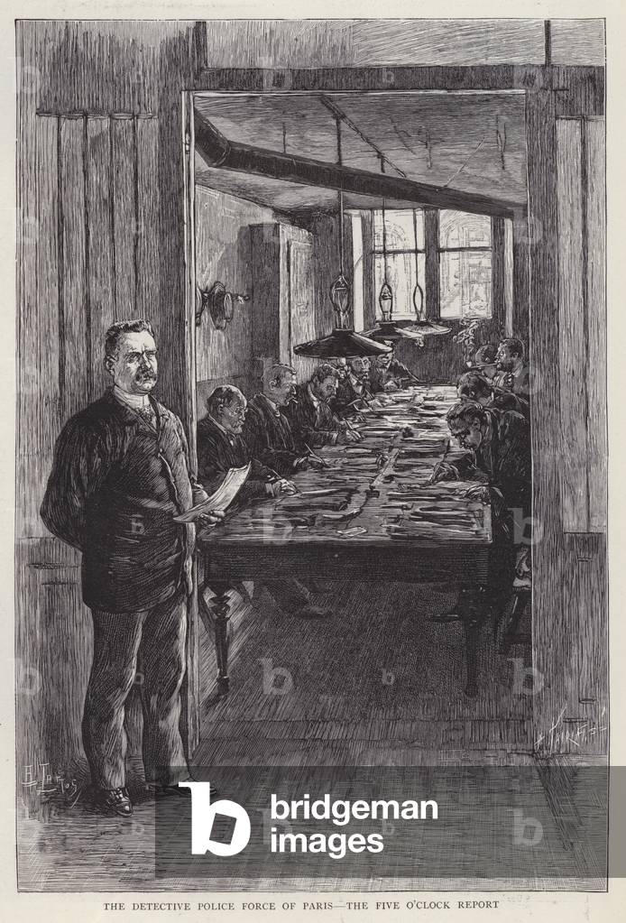 Five o'clock report at the offices of the Detective Police of Paris, France (litho)