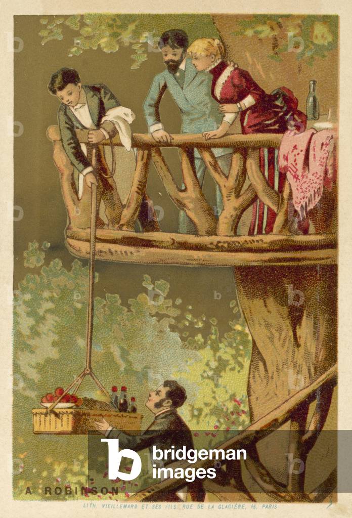 Lifting a picnic up into a tree house (chromolitho)