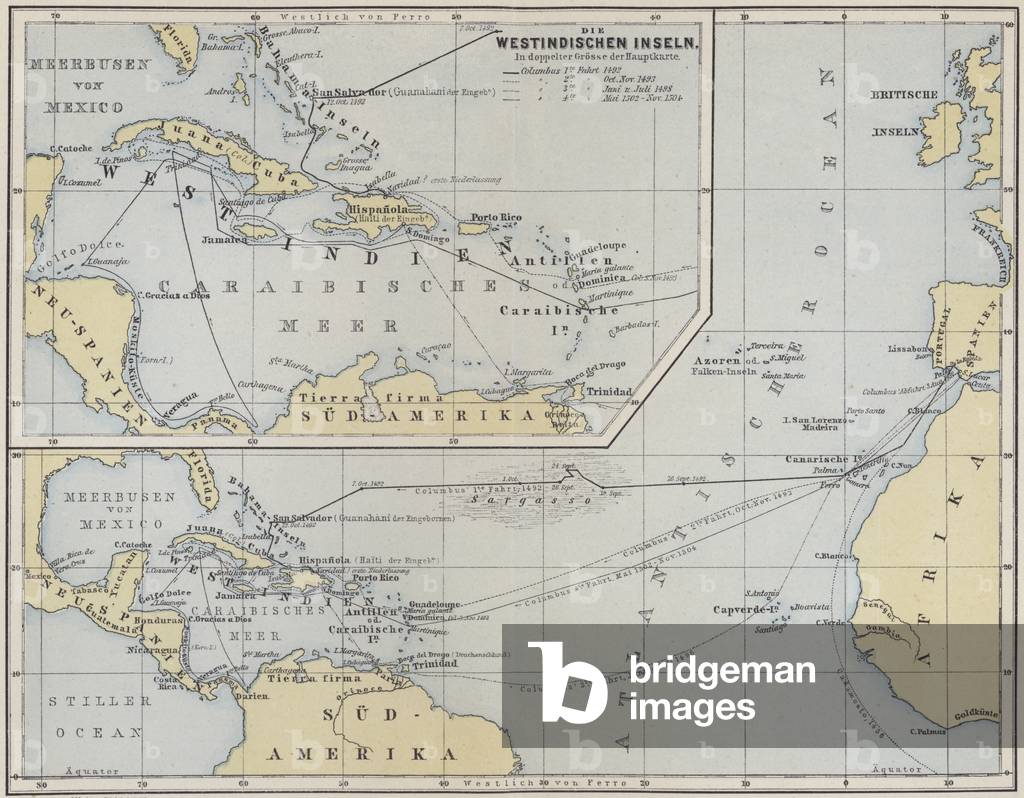 Map showing the voyages of Christopher Columbus, 1492-1504 (coloured engraving)