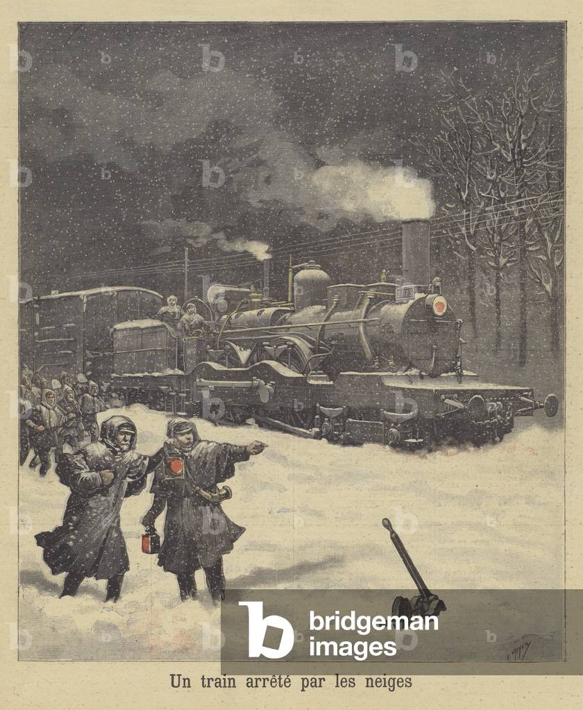 A Train stopped by the snow (colour litho)