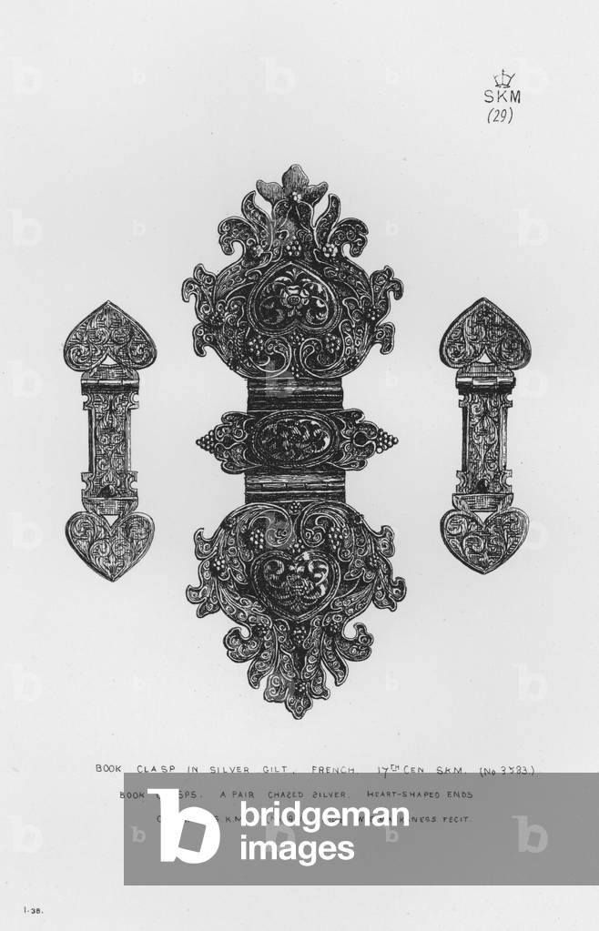 Victoria And Albert Museum: Book Clasp in silver gilt, French, 17th century; Book Clasps, a pair chased silver, heart-shaped ends, German (engraving)