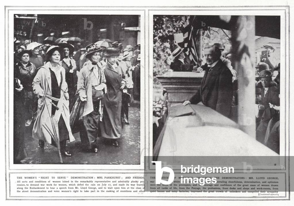 The women's right to serve demonstration, Mrs Pankhurst; and friends; The Minister of Munitions addressing the demonstrators, Mr Lloyd George, with Belgium barefooted and carrying a war-scarred flag, Britain, Belgium, and France in the women's procession (b/w photo)