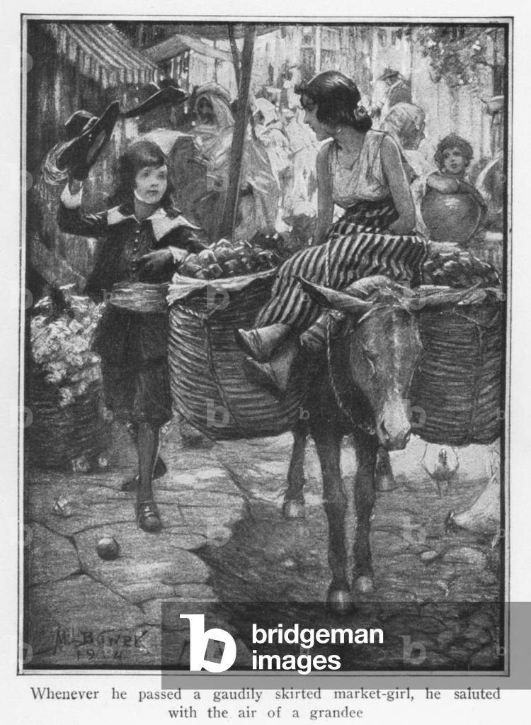 Whenever he passed a gaudily skirted market-girl, he saluted with the air of a grandee (litho)