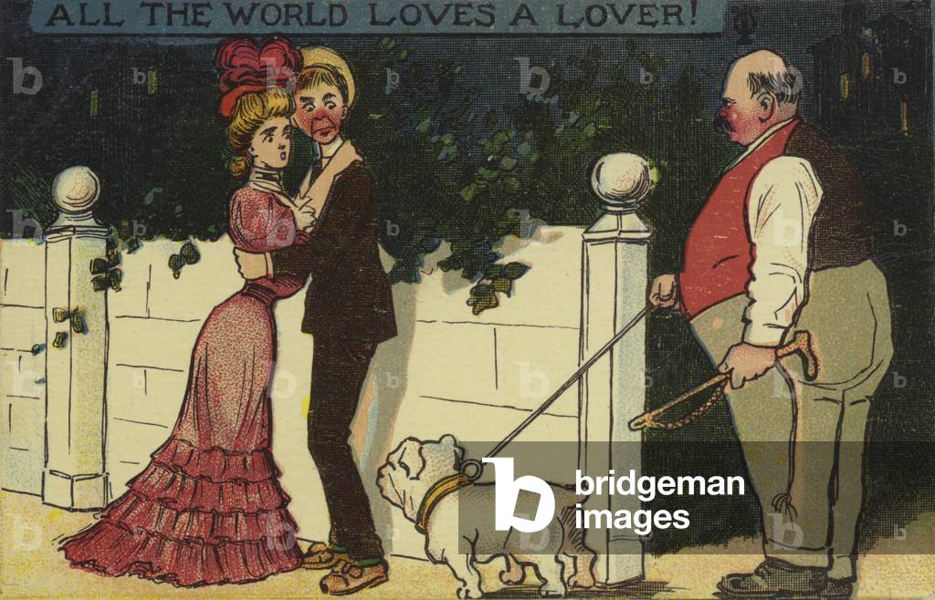 Lovers disturbed by father with dog (colour litho)
