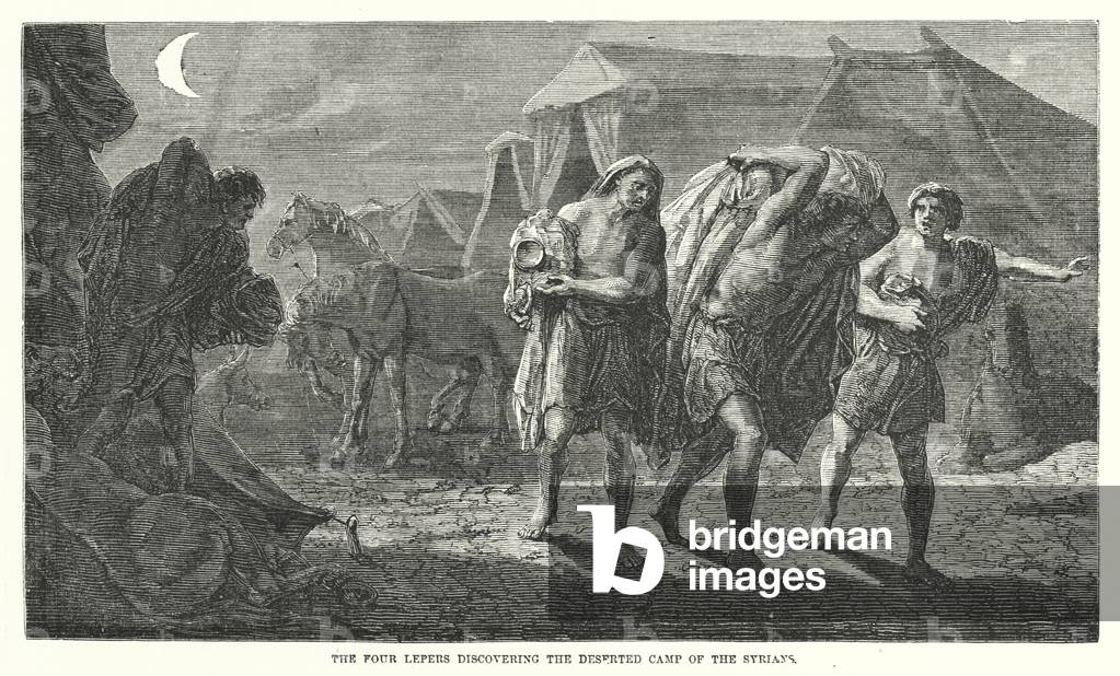 The Four Lepers discovering the Deserted Camp of the Syrians (engraving)