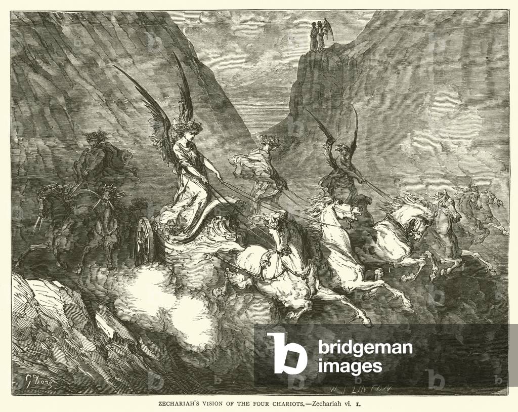 Zechariah's vision of the four Chariots, Zechariah, vi, 1 (engraving)