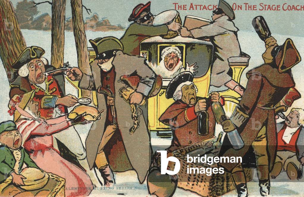 Highwaymen attacking a stagecoach (colour litho)