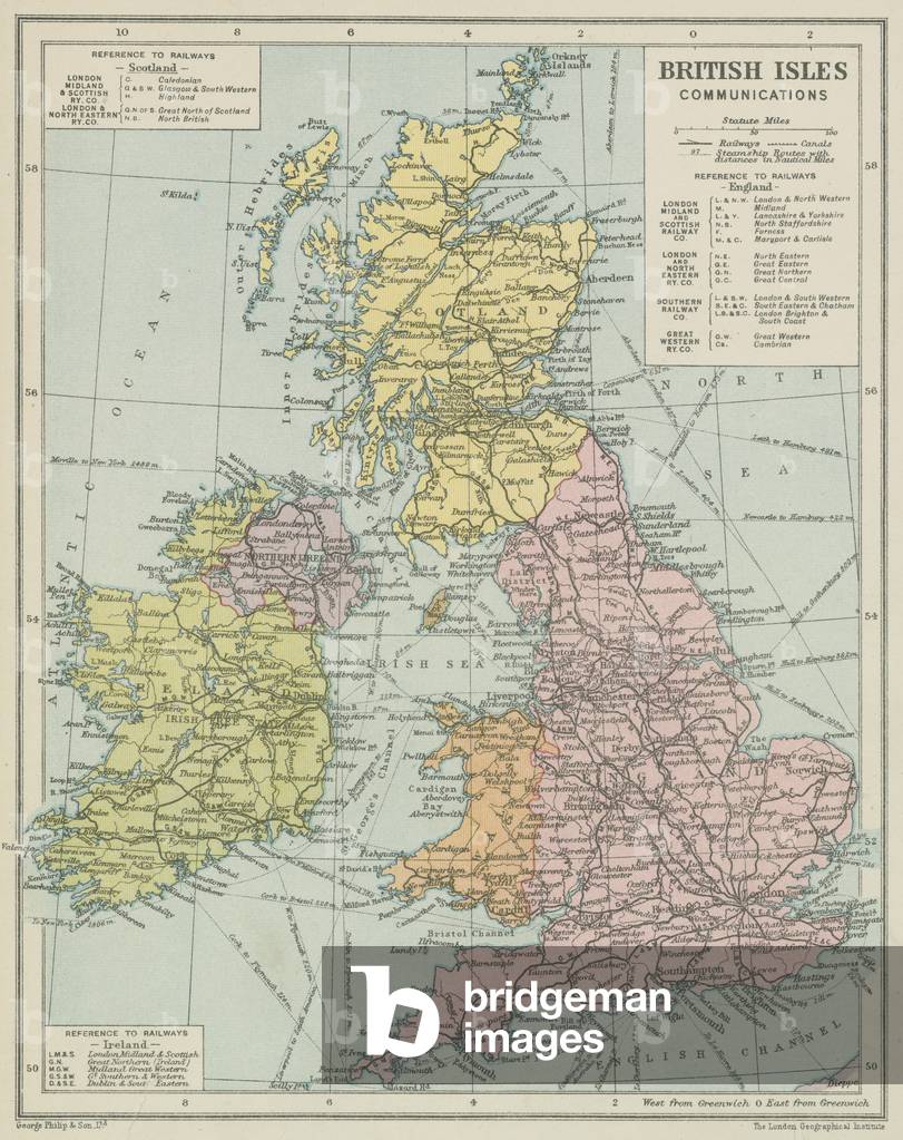 Map of the British Isles showing railway lines and shipping routes (colour litho)