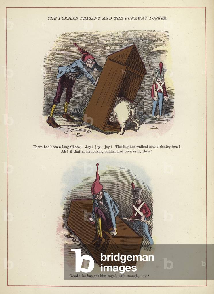 The Puzzled Peasant and the Runaway Porker (colour litho)