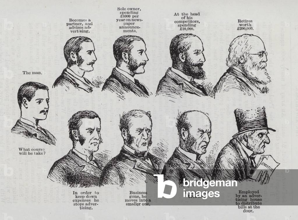 To advertise or not?  Success in business, or failure? (engraving)