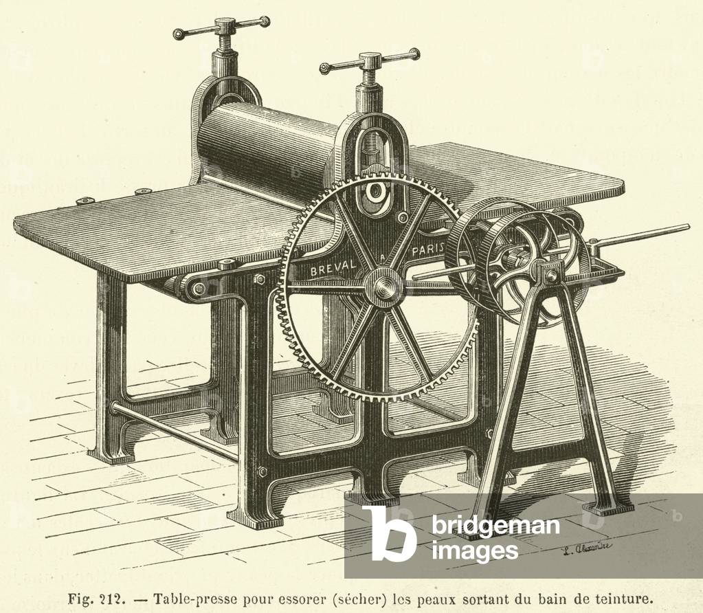 Table-presse pour essorer (secher) les peaux sortant du bain de teinture (engraving)