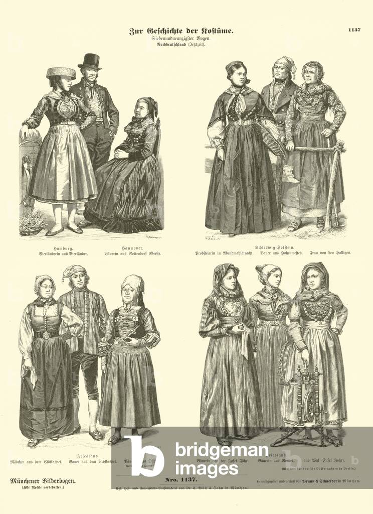 North German costumes, late 19th Century (engraving)