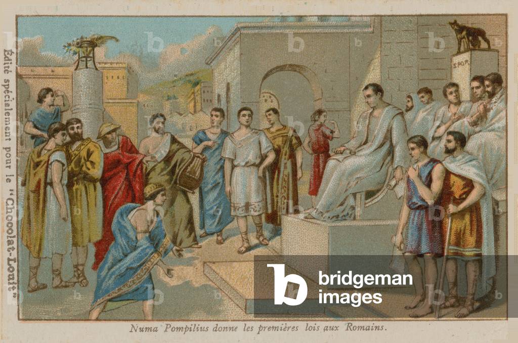 Numa Pompilius, second king of Rome (753-673 BC), passing the first Roman laws (chromolitho)