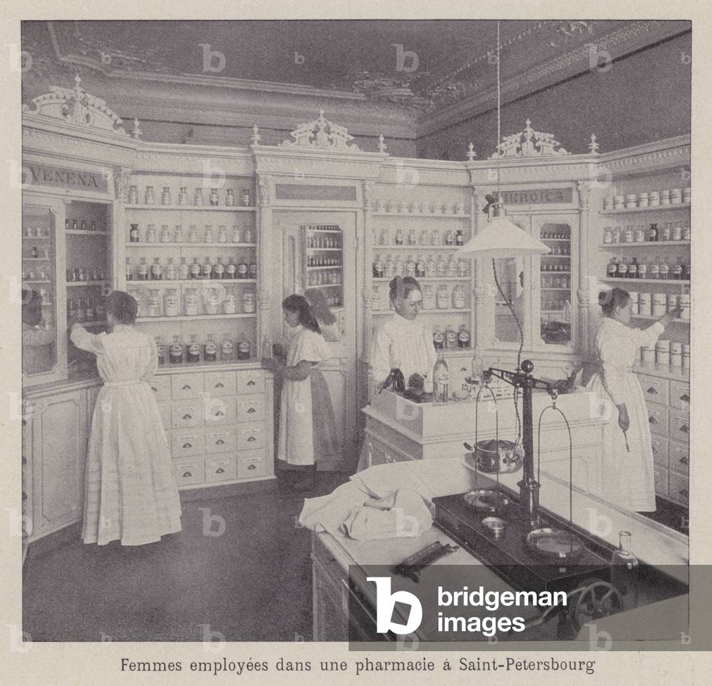 Women working in a pharmacy in St Petersburg, Russia (b/w photo)