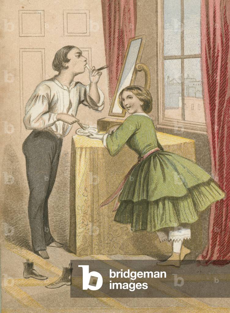 Girl watching her father shave (colour litho)