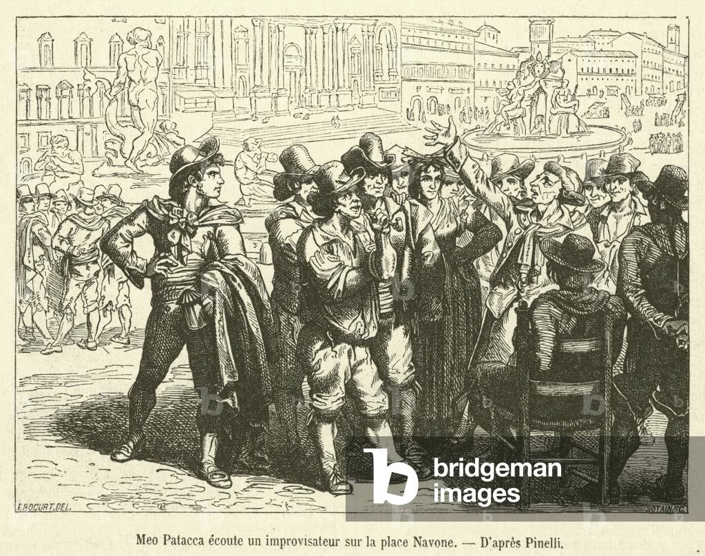 Meo Patacca ecoute un improvisateur sur la place Navone (engraving)
