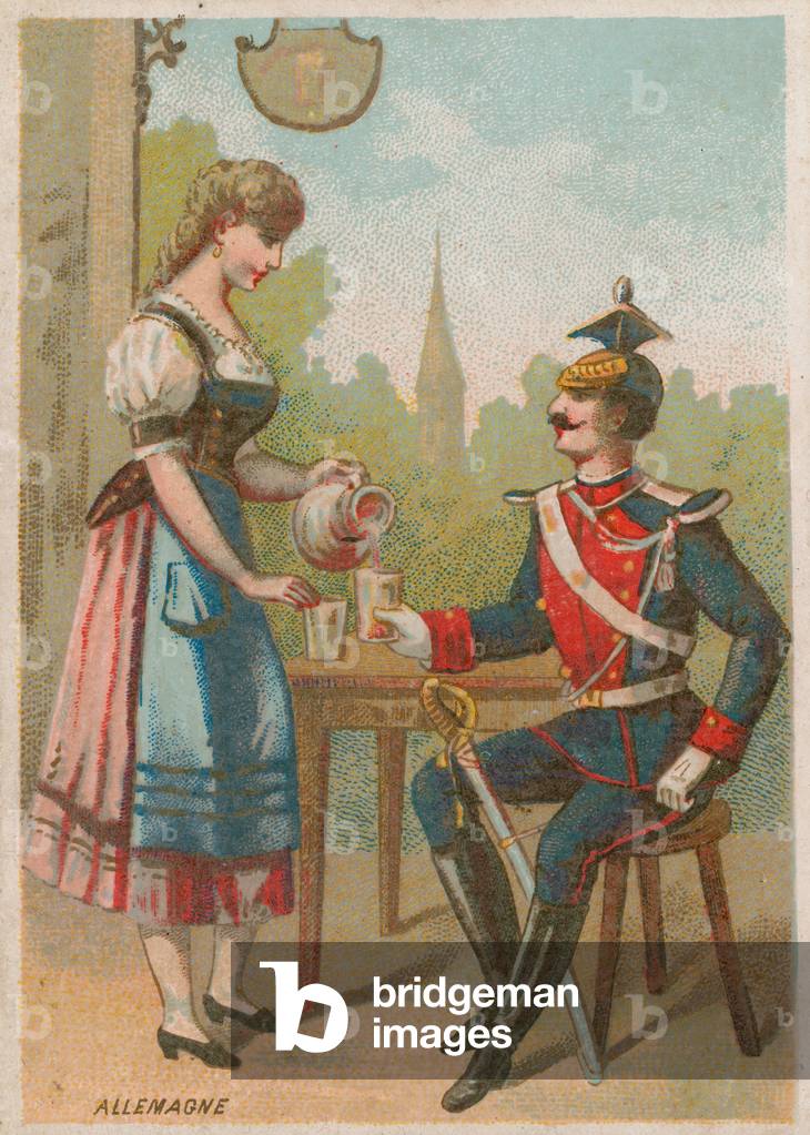 Waitress pouring a drink for a soldier, Germany (chromolitho)