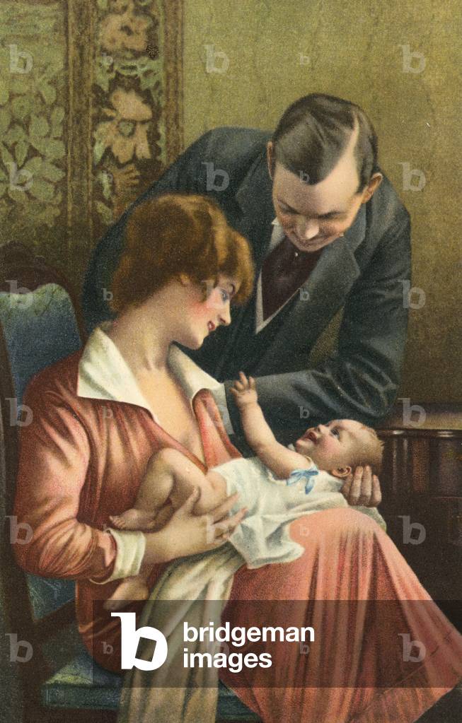 Happy married couple with their first child (colour litho)