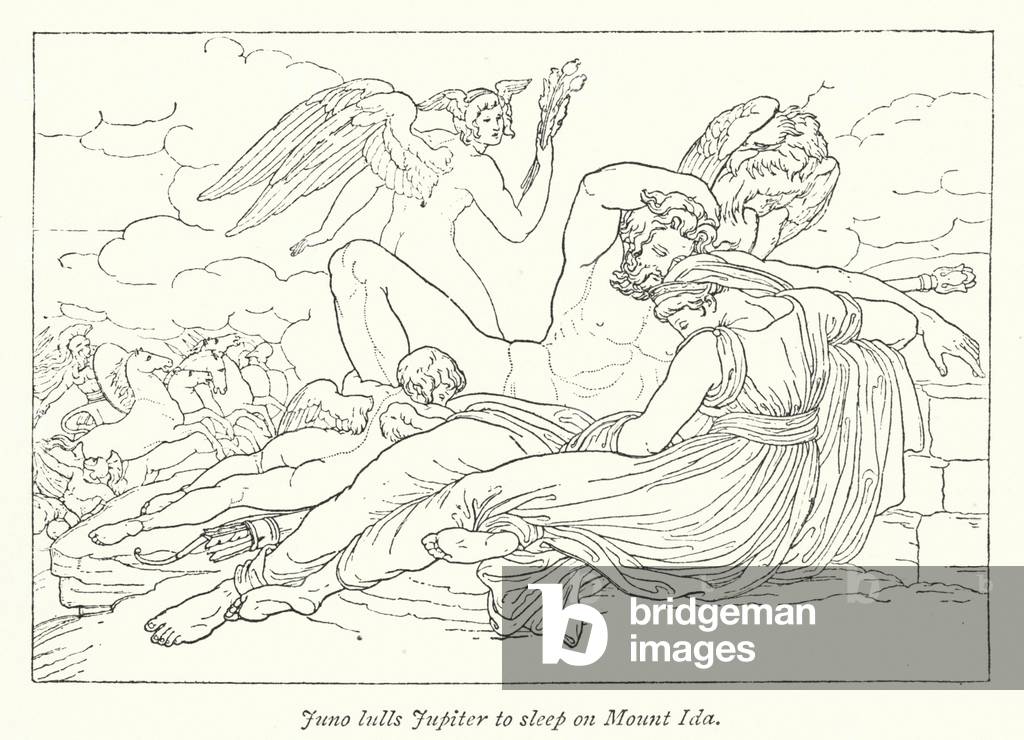 Juno lulls Jupiter to sleep on Mount Ida (litho)