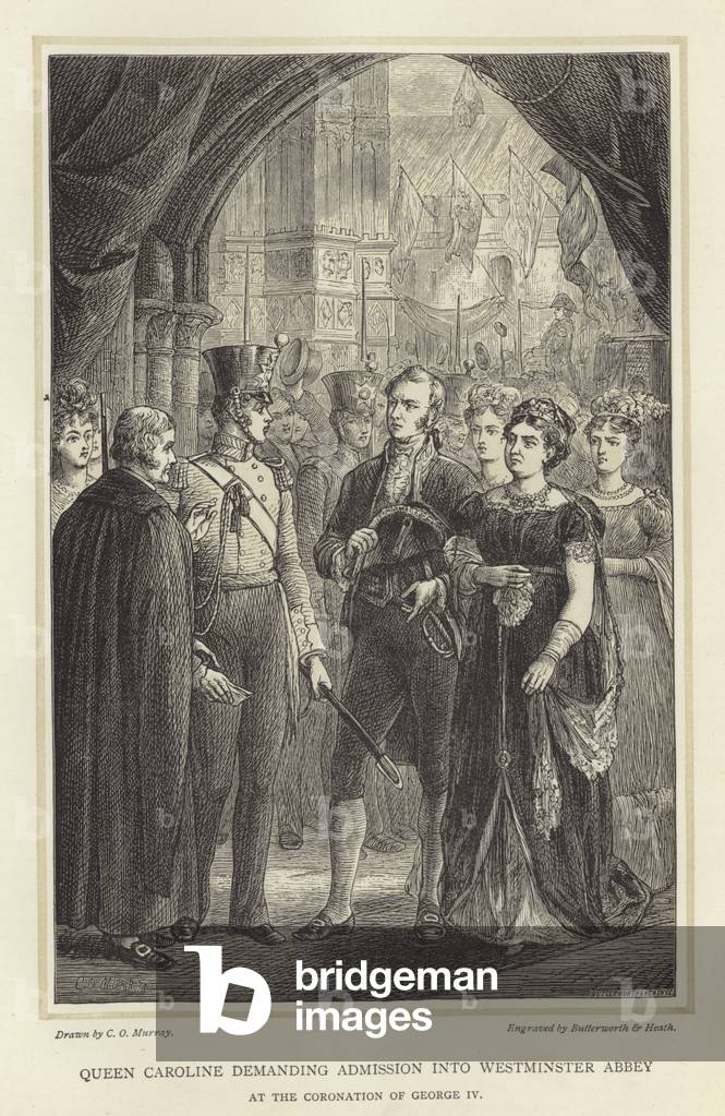 Queen Caroline demanding admission into Westminster Abbey (engraving)