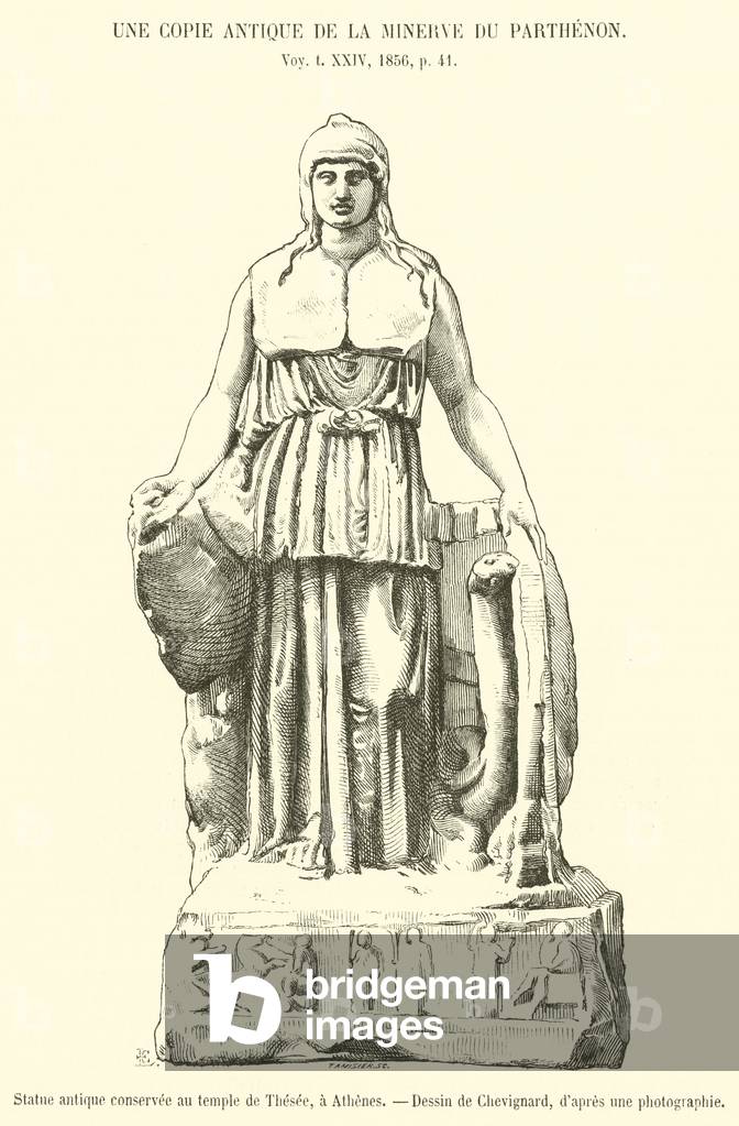 Statue antique conservee au temple de Thesee, a Athenes (engraving)