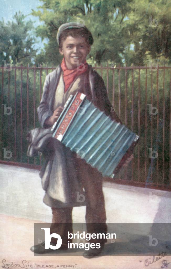 Boy playing an accordion (colour litho)