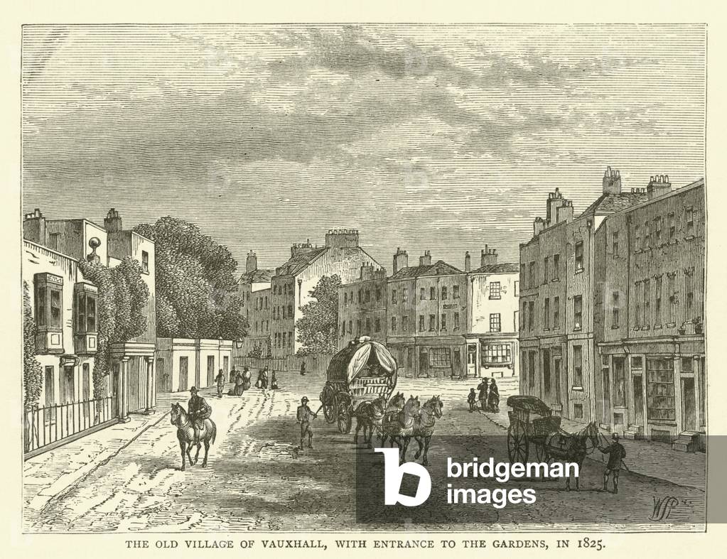 The old village of Vauxhall, with entrance to the Gardens, in 1825 (engraving)