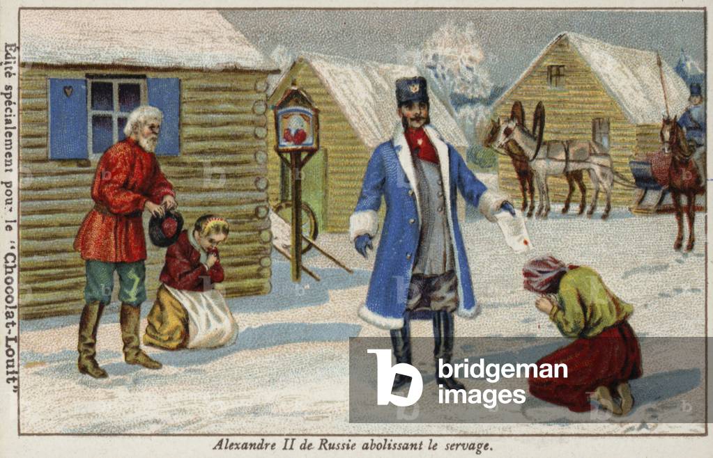 Tsar Alexander II of Russia abolishing serfdom (chromolitho)