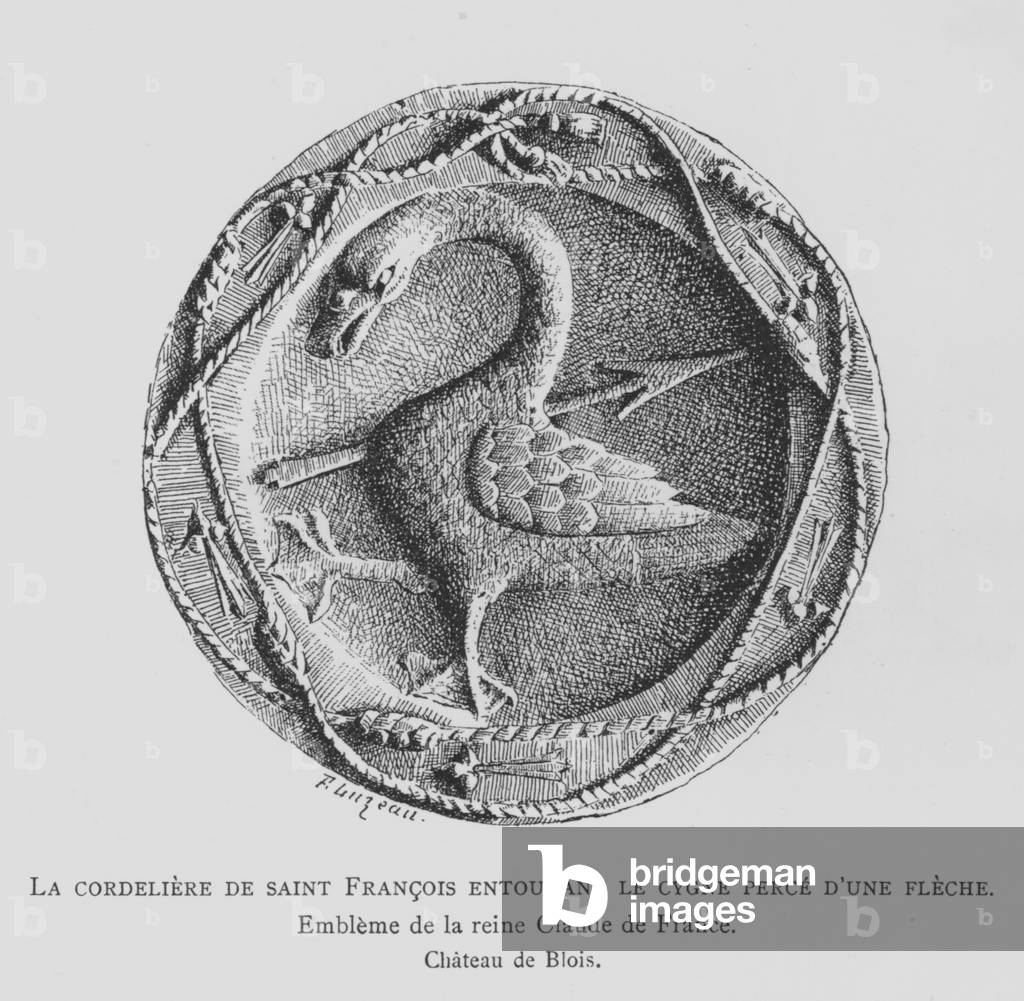 The cord of St Francis surrounding a swan pierced by an arrow, emblem of Queen Claude of France, consort of Francis I (litho)