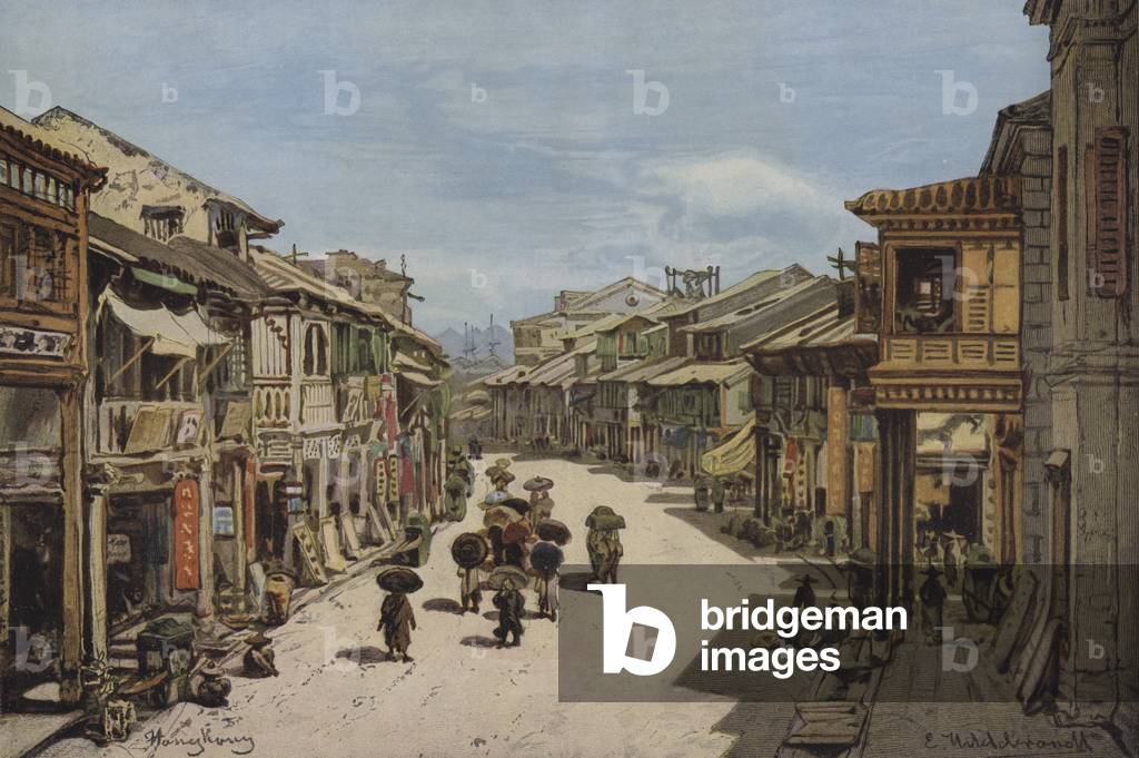 A street in Hong Kong (colour litho)