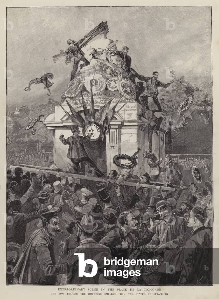 Crowds tearing down mourning emblems from the statue of Strasbourg on the Place de la Concorde, Paris, 1892 (litho)