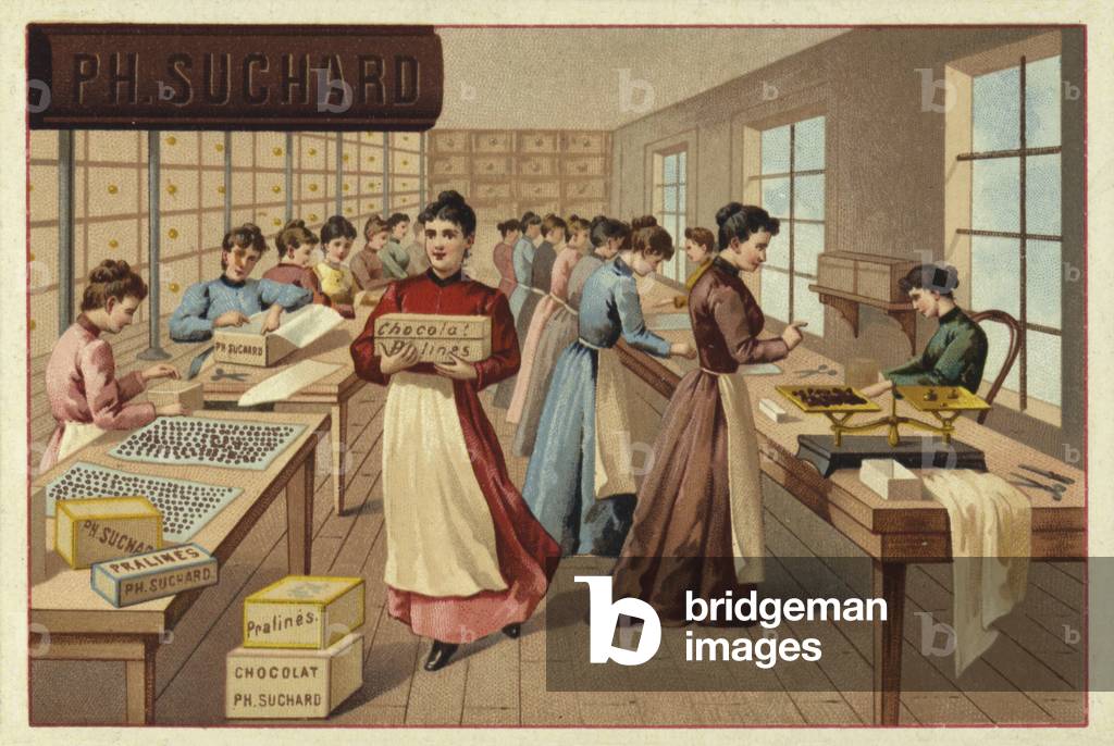 Packing chocolates in a factory (chromolitho)