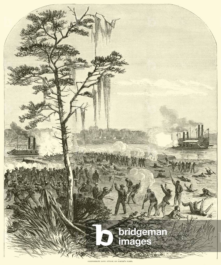 Confederate land attack on Porter's fleet, April 1864 (engraving)