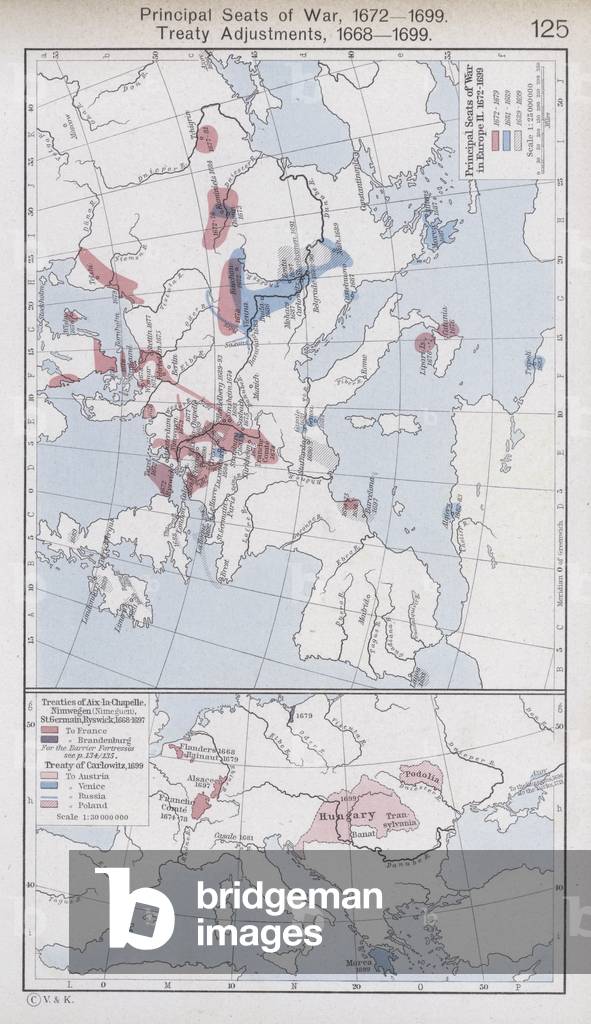 Principal Seats of War, 1672-1699; Treaty Adjustments, 1668-1699 (colour litho)