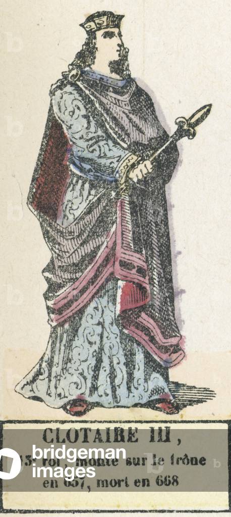 Clotaire III, 13e roi, monte sur le trone en 657, mort en 668 (coloured engraving)