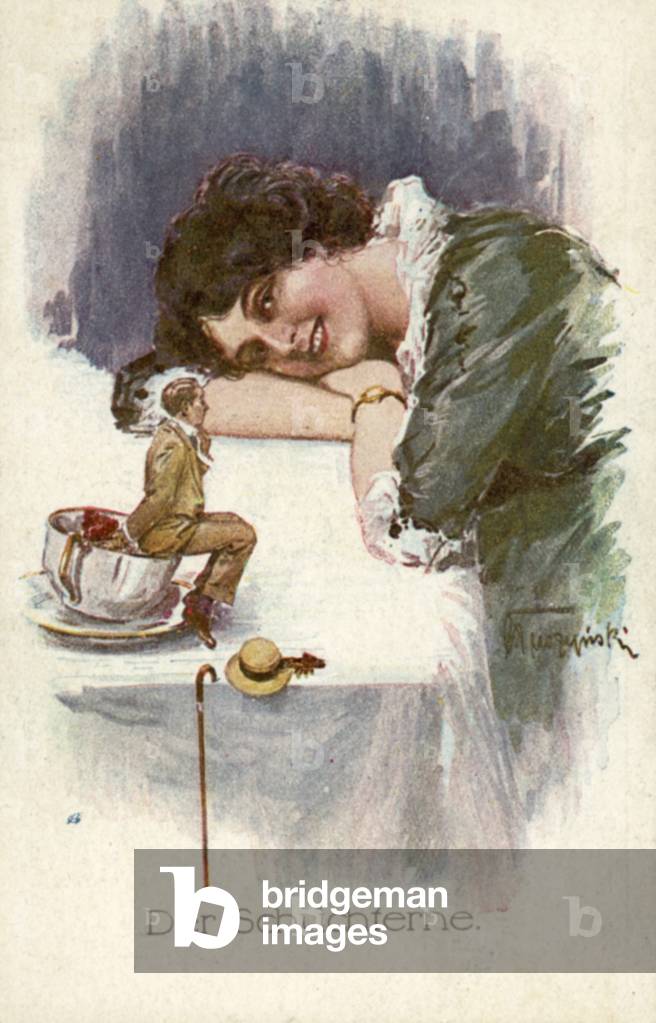 Girl looking at her little man, sitting on the side of a tea cup (lithograph)