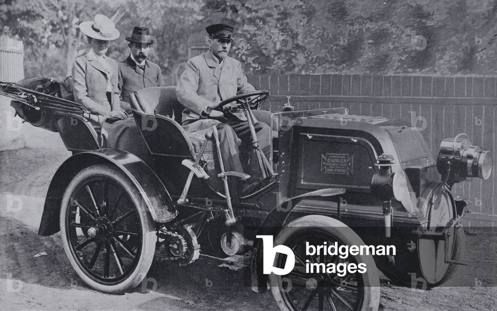 Archduke Franz Ferdinand of Austria and the Princess von Hohenberg in their Daimler motor car, 1900s (b/w photo)