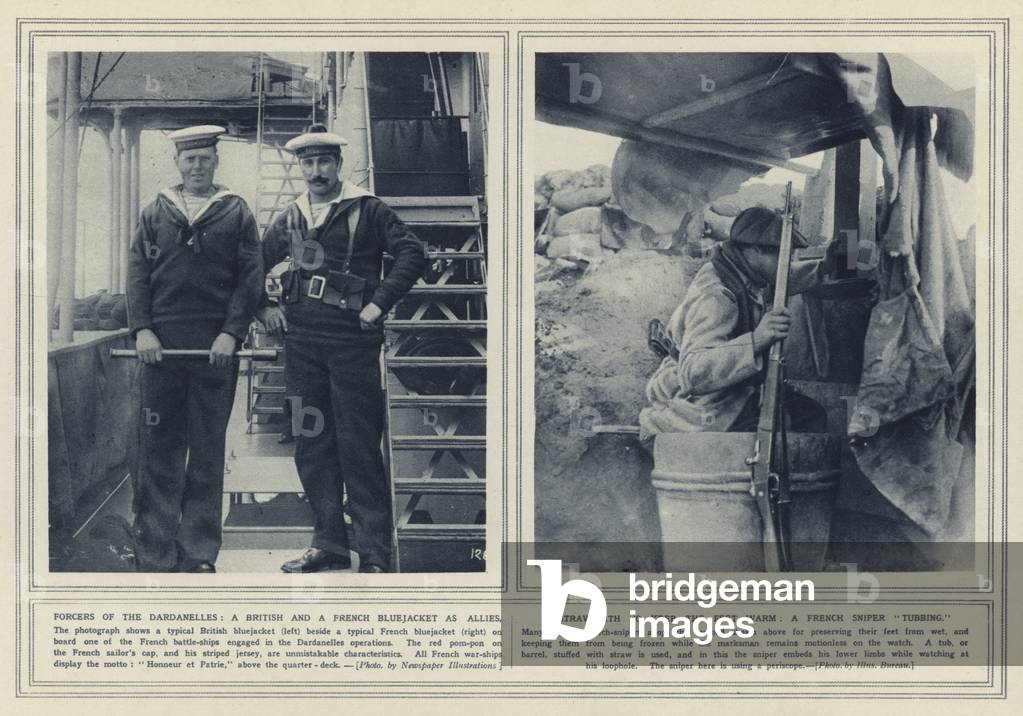 Forcers of the Dardanelles, a British and a French bluejacket as Allies; A straw-bath to keep the feet warm, a French sniper tubbing (b/w photo)