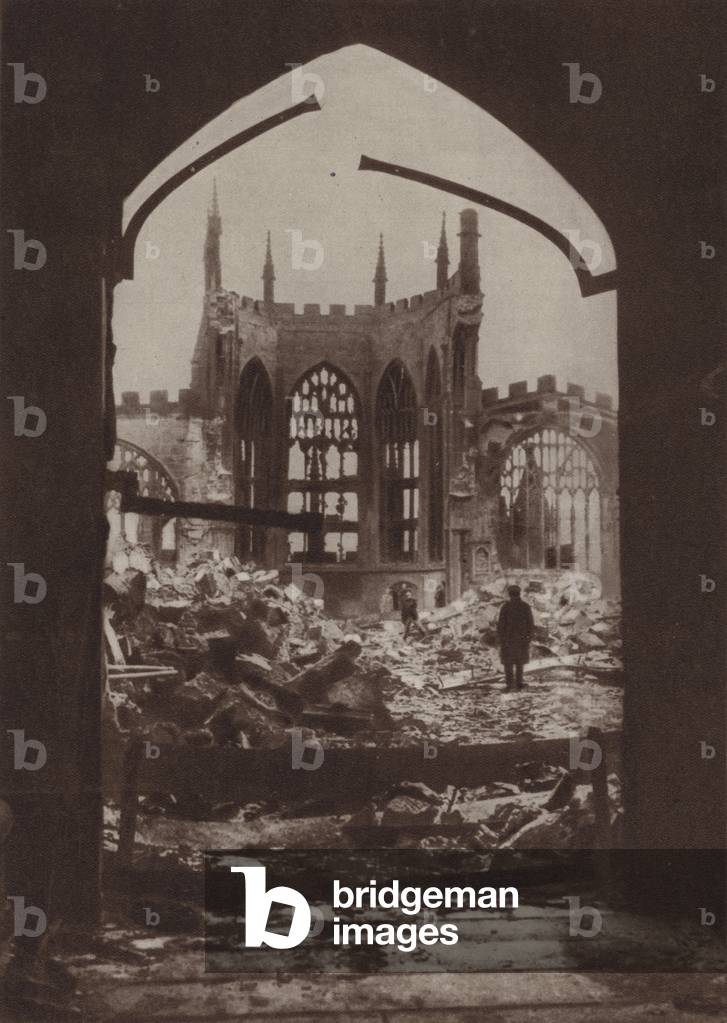 Ruins of Coventry Cathedral after bombing by the Luftwaffe, World War II, 1940 (b/w photo)