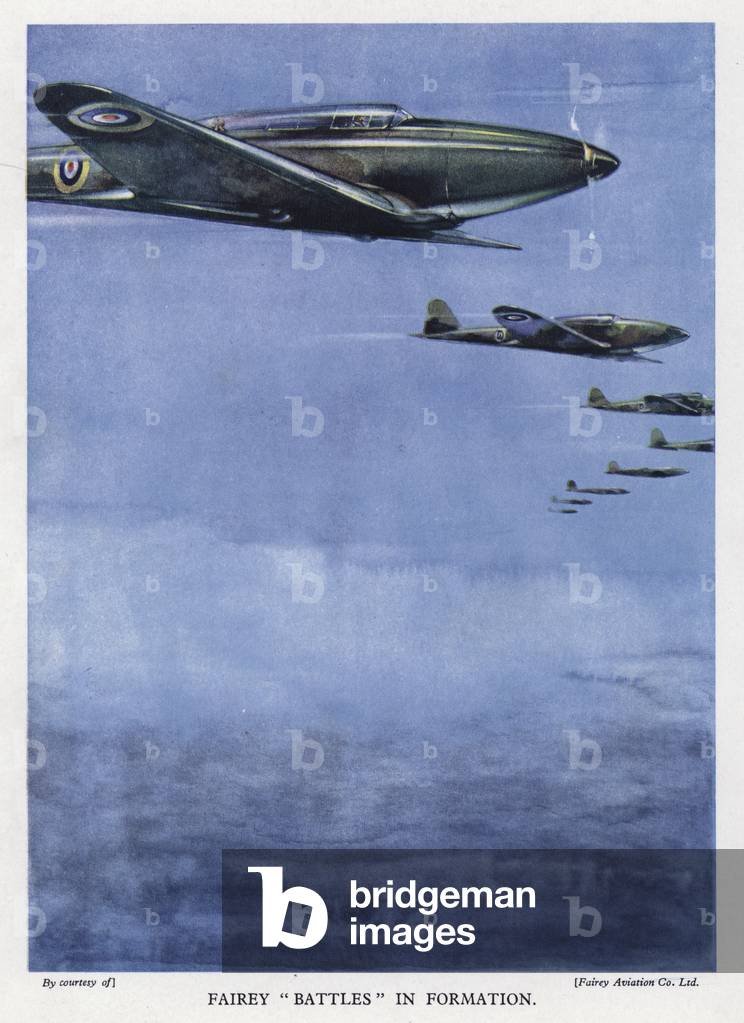 Fairey Battle light bombers flying in formation (colour litho)