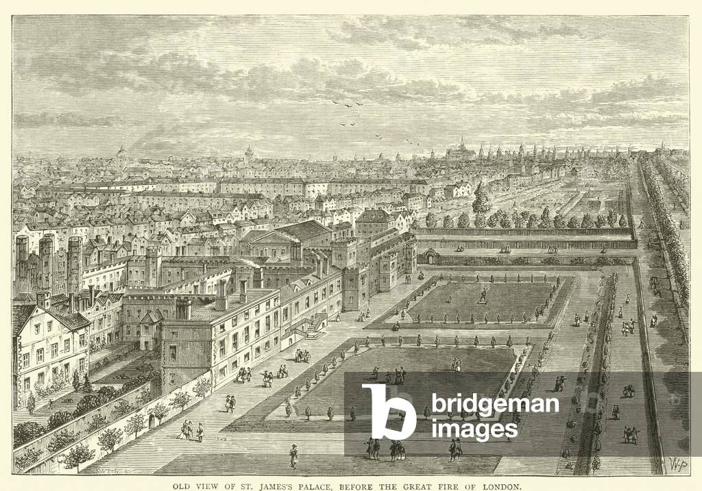 Old view of St James's Palace, before the great fire of London (engraving)