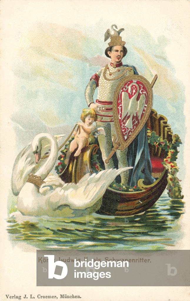 King Ludwig II of Bavaria in a boat being pulled by a swan (chromolitho)