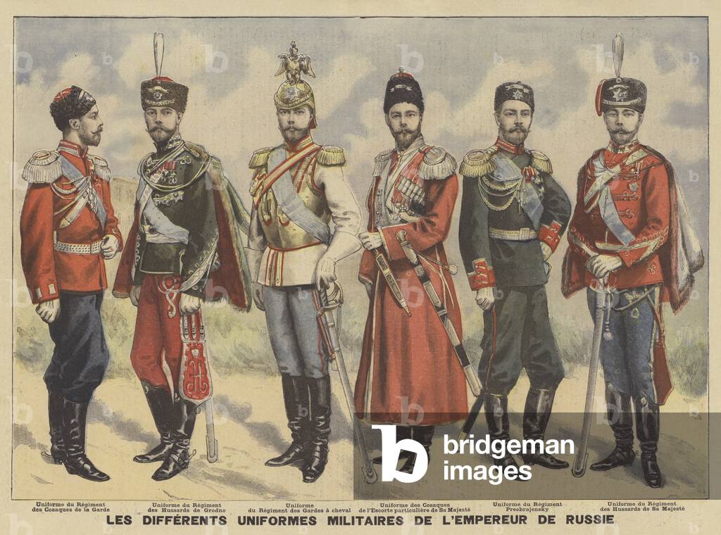 Different military uniforms worn by the Russian tsar (colour litho)