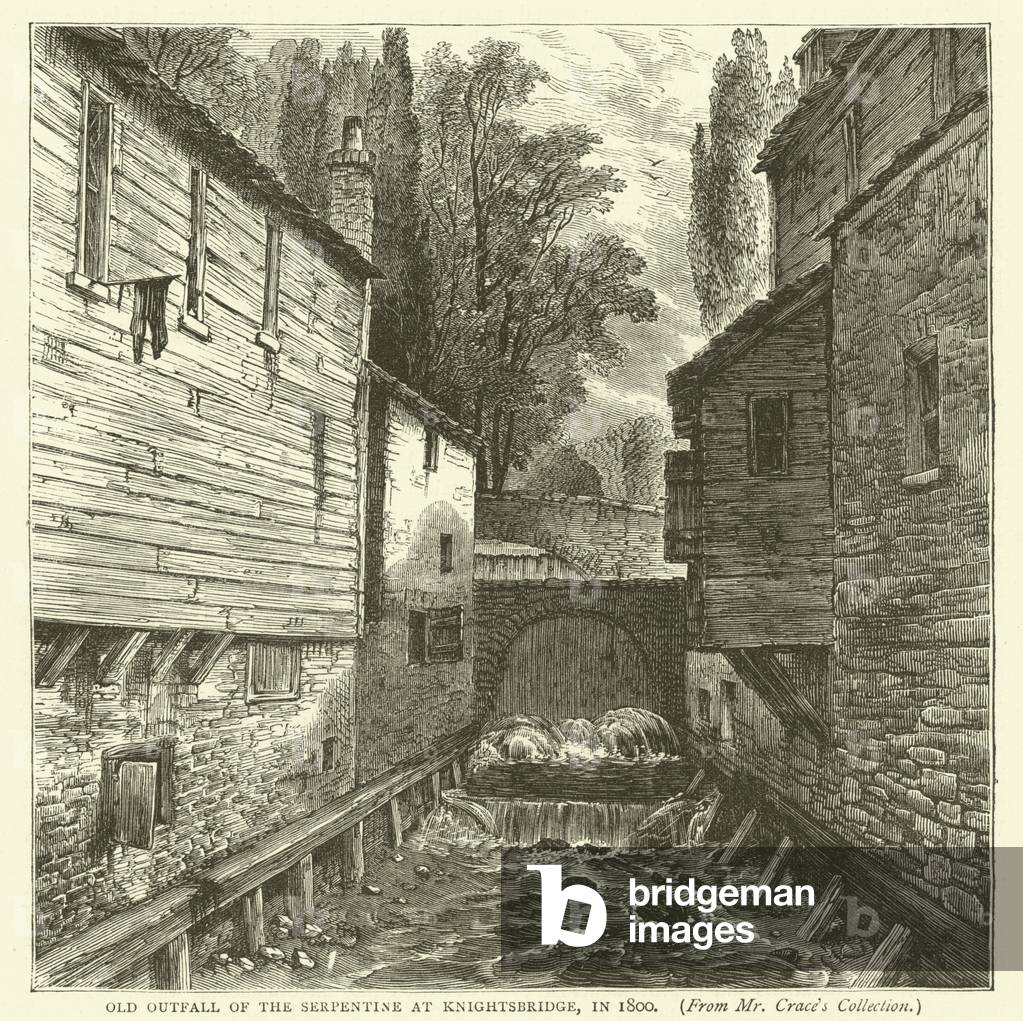 Old outfall of the Serpentine at Knightsbridge, in 1800, from Mr Crace's collection (engraving)