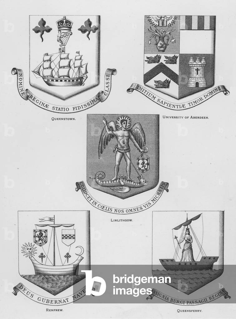 Public arms: Queenstown; University of Aberdeen; Linlithgow; Renfrew; Queensferry (engraving)