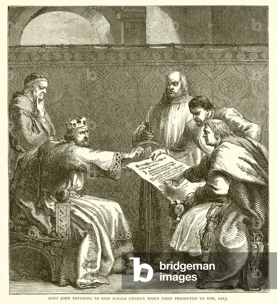 King John refusing to the Sign Magna Charta when First Presented to him, 1215 (engraving)
