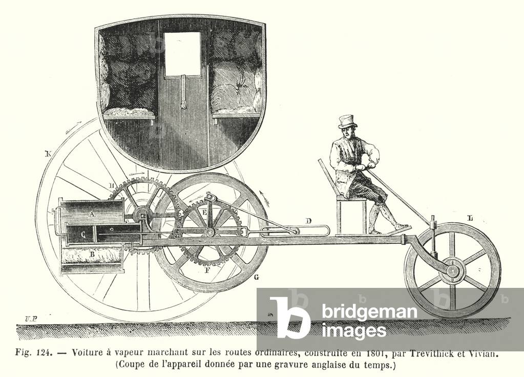 Steam carriage built in 1801, by Trevithick and Vivian (engraving)