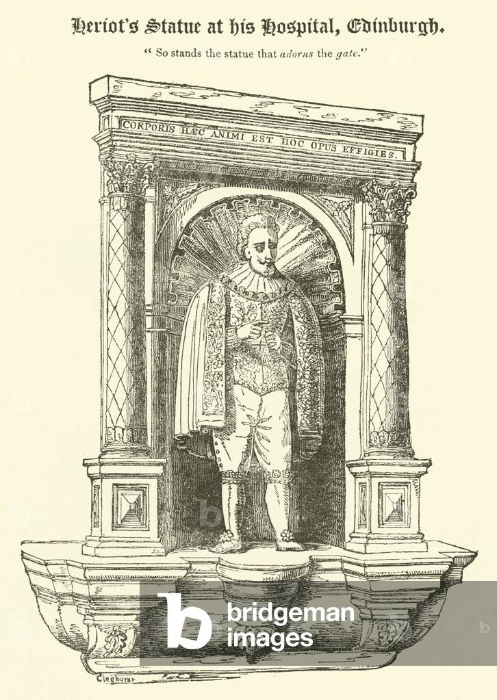 Heriot's Statue at his Hospital, Edinburgh (engraving)