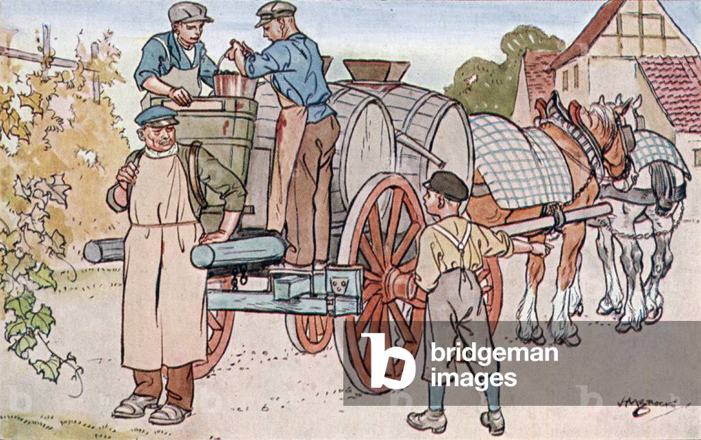 Traubenlese am Rhein (grape harvest on the Rhine) (colour litho)